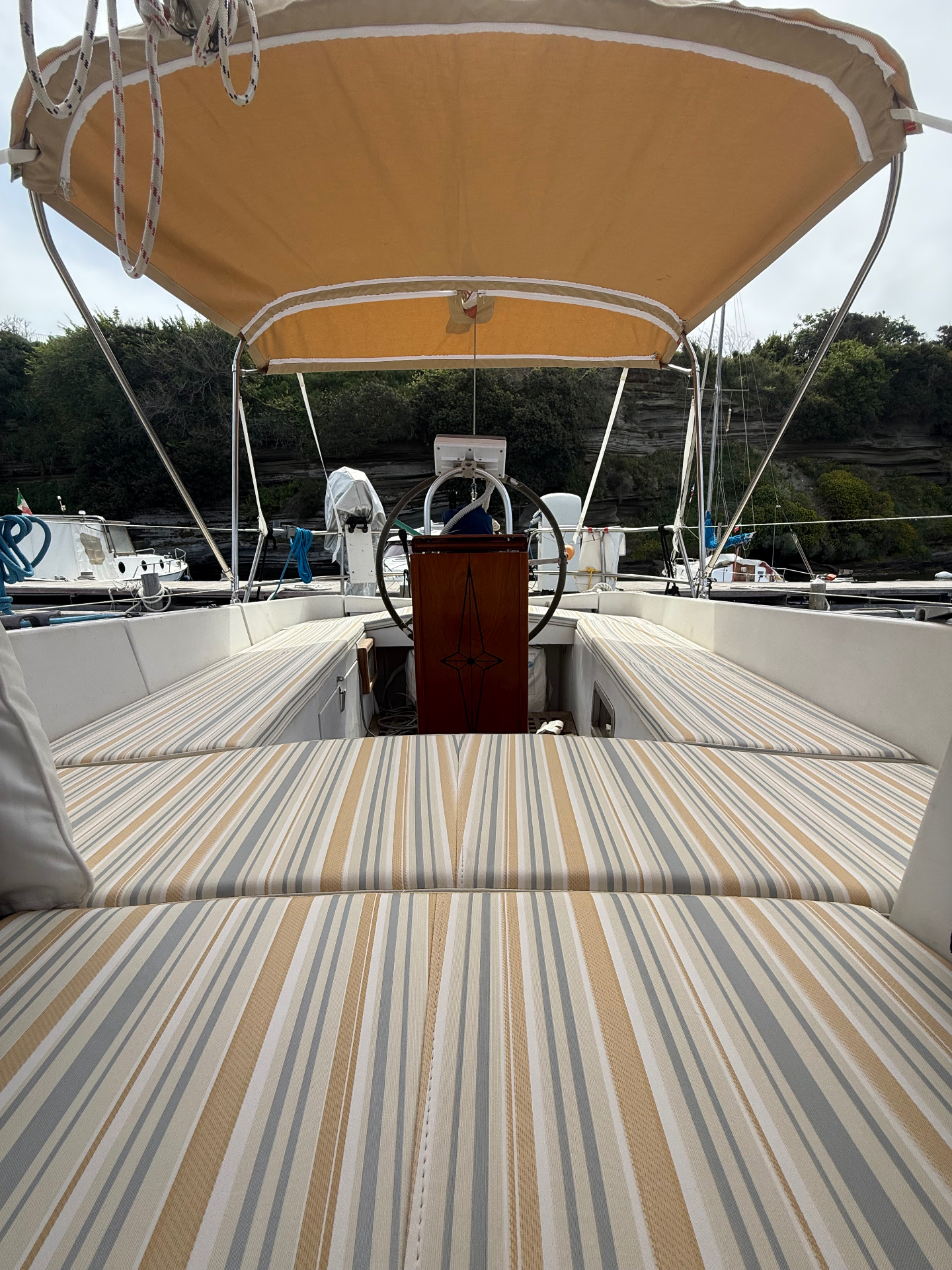 Nene's cockpit under the bimini